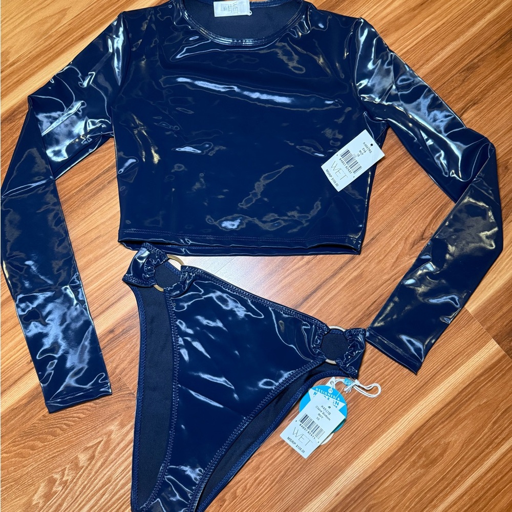 WET Swim Shiny Navy Crop Top long sleeve Bikini Set